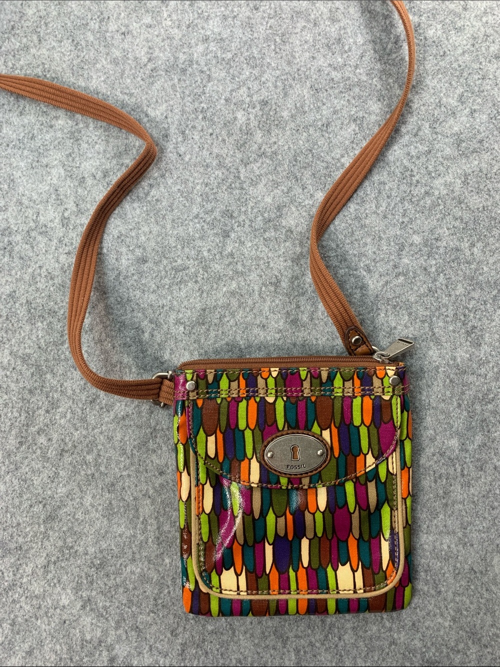 Fossil Brown Crossbody Bag with Orange Polka Dot Lining